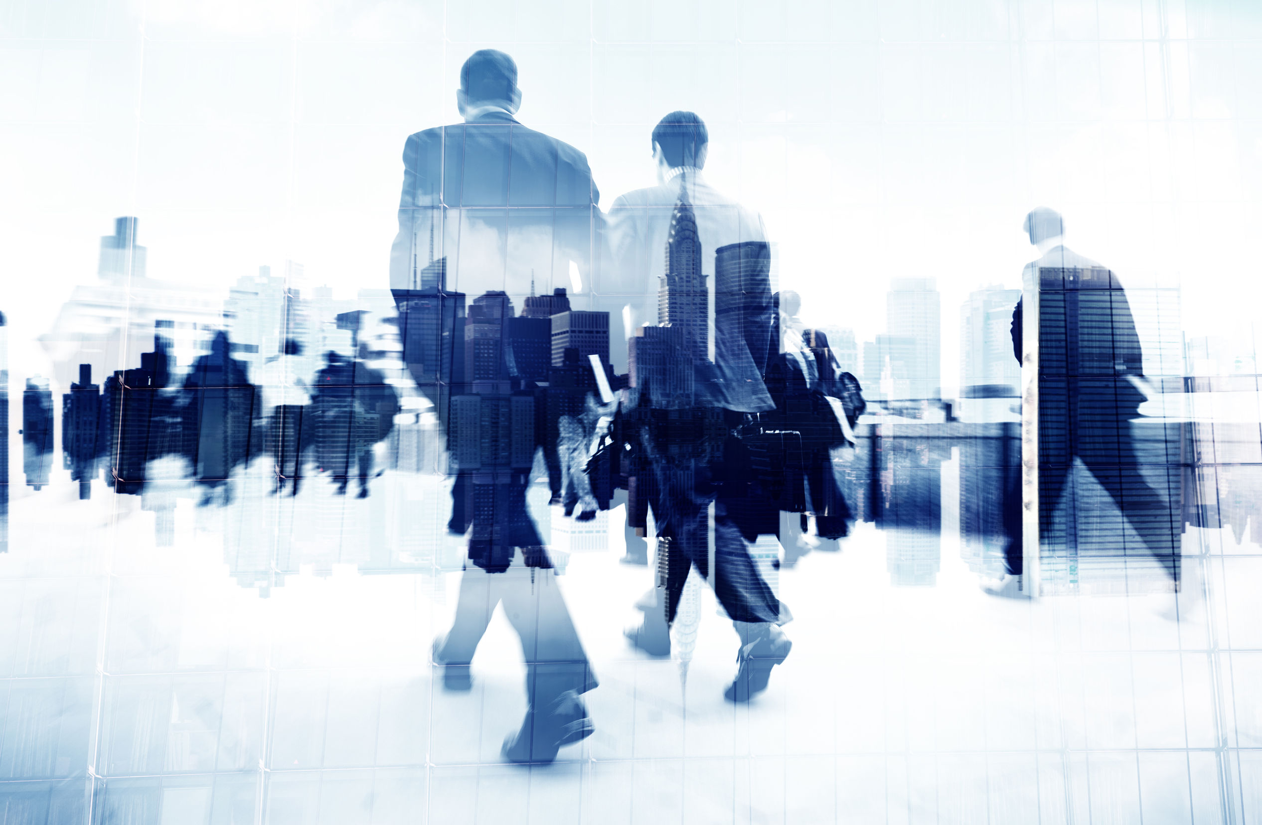 Abstract image of business people walking away against skyscraper sky